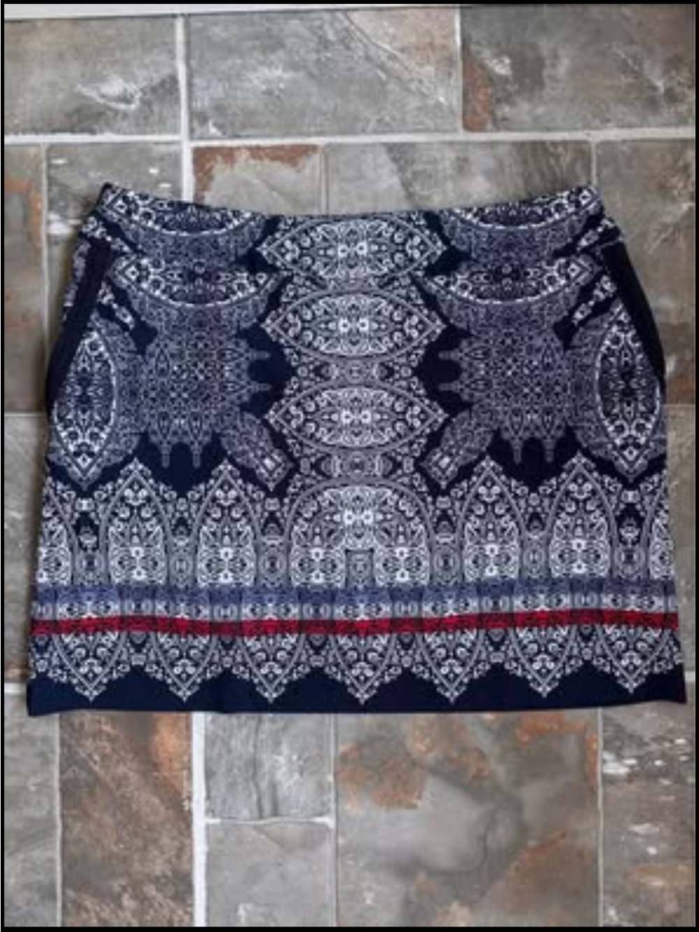 EP Pro Navy Mini Golf Skirt with White Paisley Print and Red Stripe